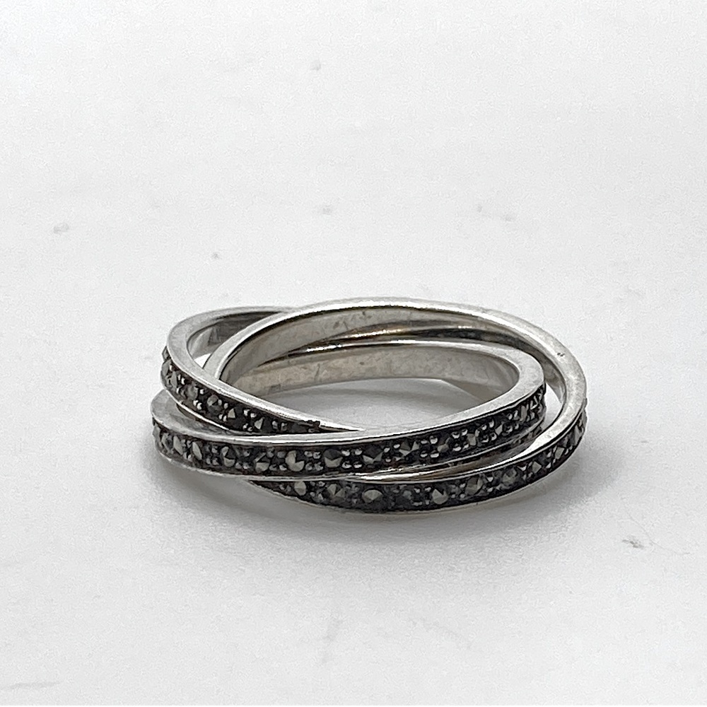 Vtg Sterling Silver & Maracasite Interlinked 3 Band Ring NF 925 / Sz 7.75